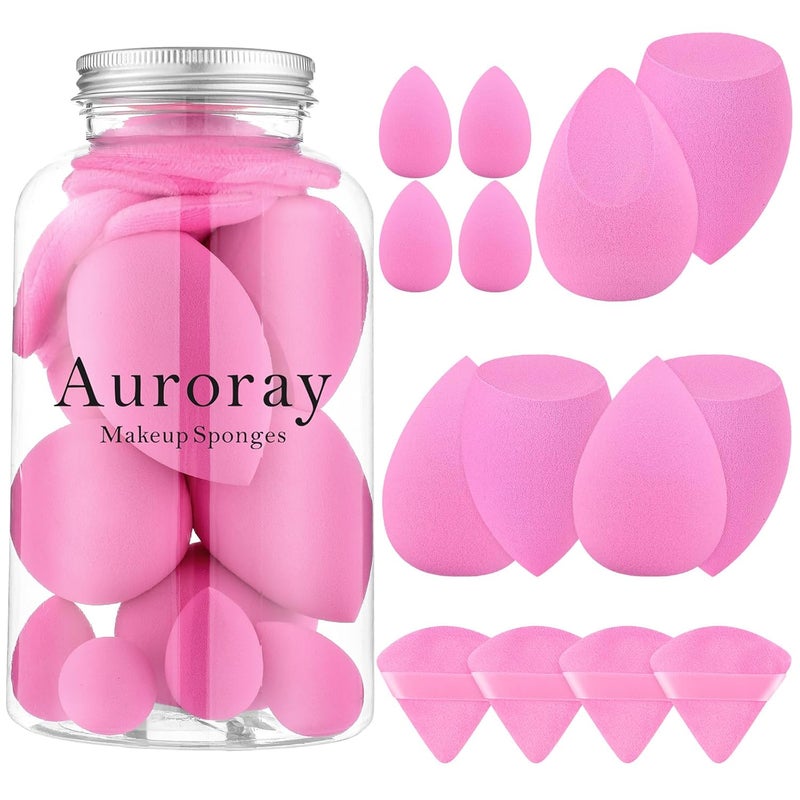 AuraRay 14 Pcs Make up Sponges Beauty Sponges Blender with 4 Pcs Powder Puff and 4 Pcs Mini Makeup Sponge for Foundation,Liquid,Powder,Concealer,Cream(Hot Pink) - Image 1